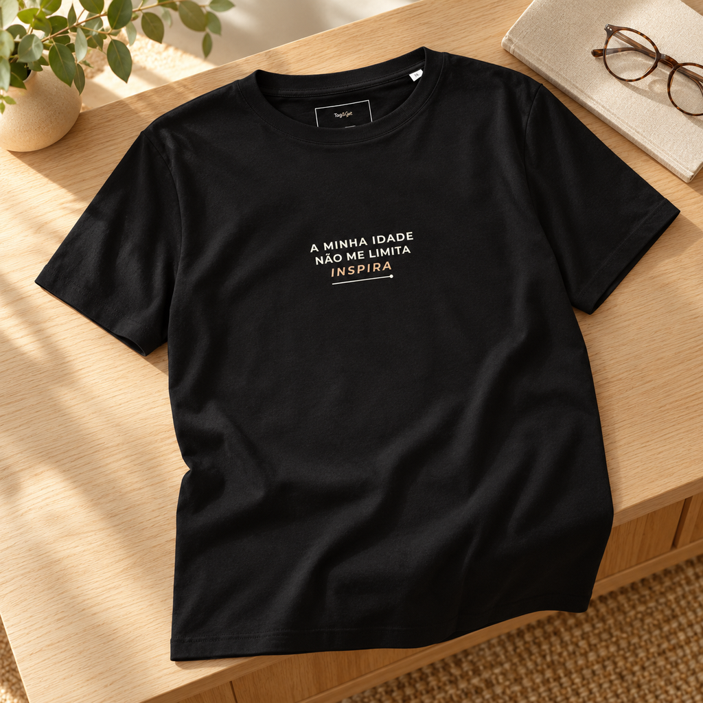 T-shirt preta «A minha idade não me limita, inspira» sobre uma mesa de madeira, junto a óculos e um livro.