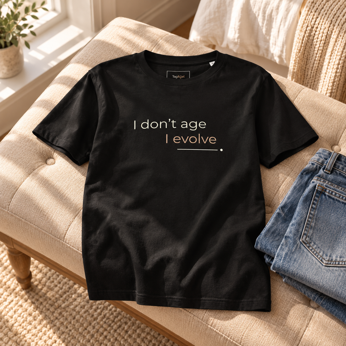 T-shirt preta «I don't age, I evolve» sobre uma cadeira, junto a jeans dobrados.