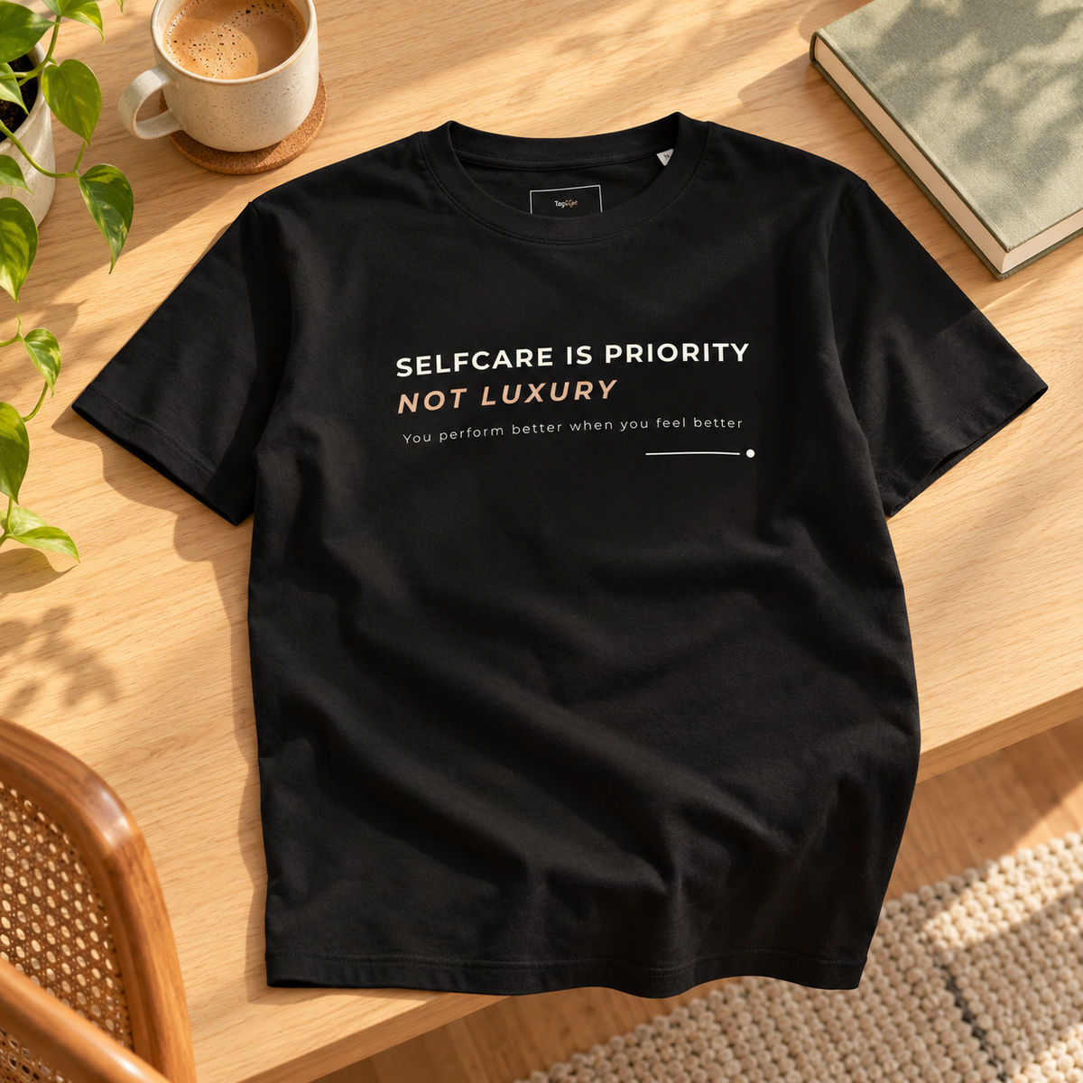 T-shirt preta «Selfcare is priority, not luxury» sobre uma mesa, junto a uma chávena e um livro.