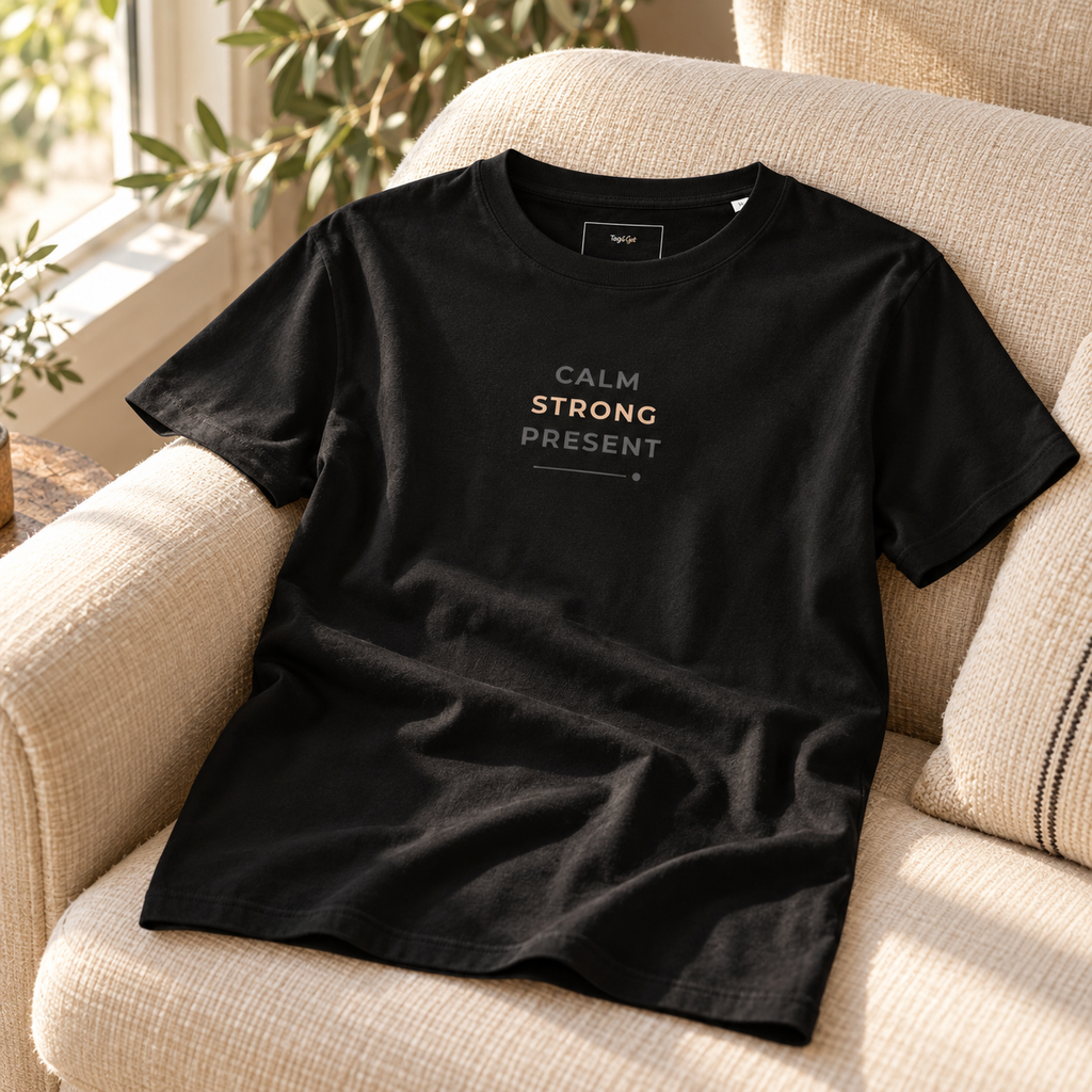 T-shirt preta «Calm. Strong. Present.» sobre um cadeirão claro junto à janela.