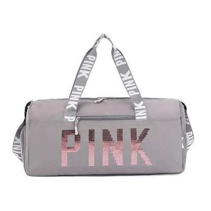 New fitness bag, shoe compartment, dry wet separation bag, sports travel bag, shiny pink letter single shoulder crossbody bag