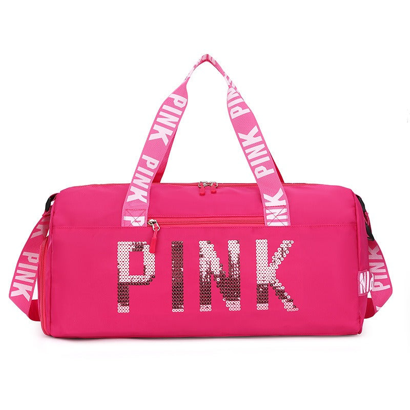 New fitness bag, shoe compartment, dry wet separation bag, sports travel bag, shiny pink letter single shoulder crossbody bag