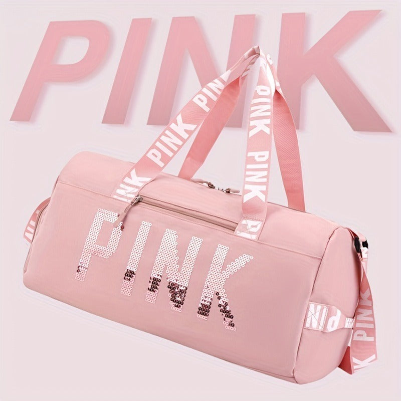 New fitness bag, shoe compartment, dry wet separation bag, sports travel bag, shiny pink letter single shoulder crossbody bag