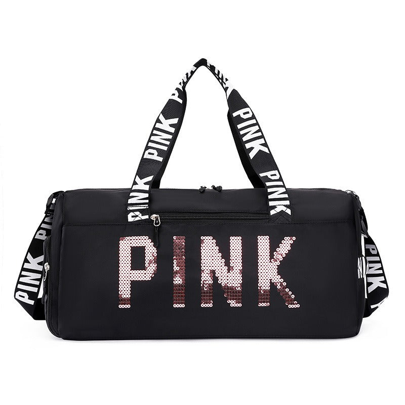 New fitness bag, shoe compartment, dry wet separation bag, sports travel bag, shiny pink letter single shoulder crossbody bag