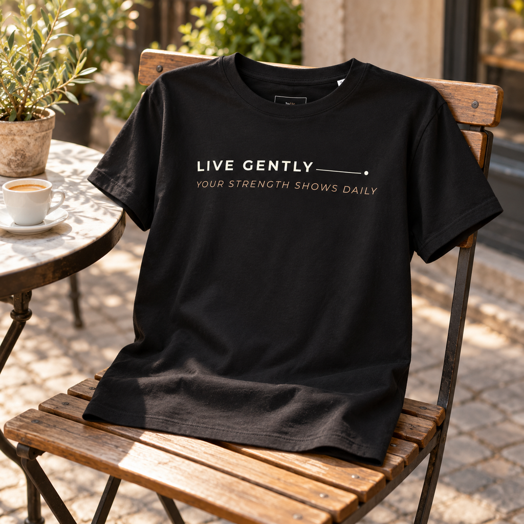 T-shirt feminina de algodão orgânico — Live gently, your strength shows daily