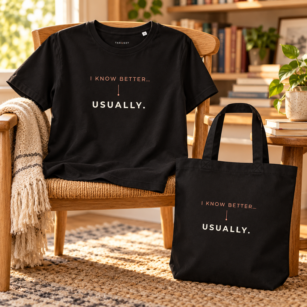 T-shirt e tote bag pretas com a frase “I know better... usually.” junto a uma cadeira de madeira num canto de leitura.