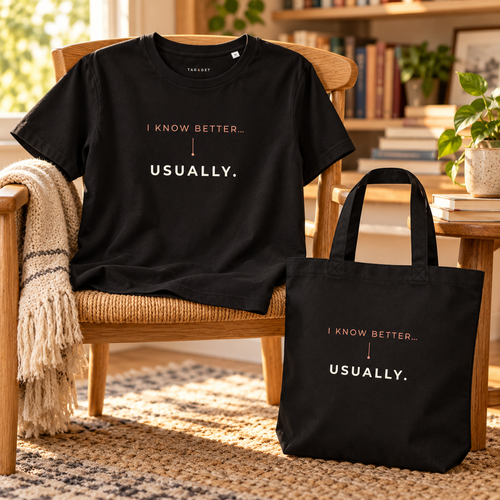 T-shirt e tote bag pretas com a frase “I know better... usually.” junto a uma cadeira de madeira num canto de leitura.