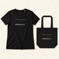 Conjunto de t-shirt e tote bag pretas com a frase “I know better... usually.”, vistas de frente sobre fundo creme.