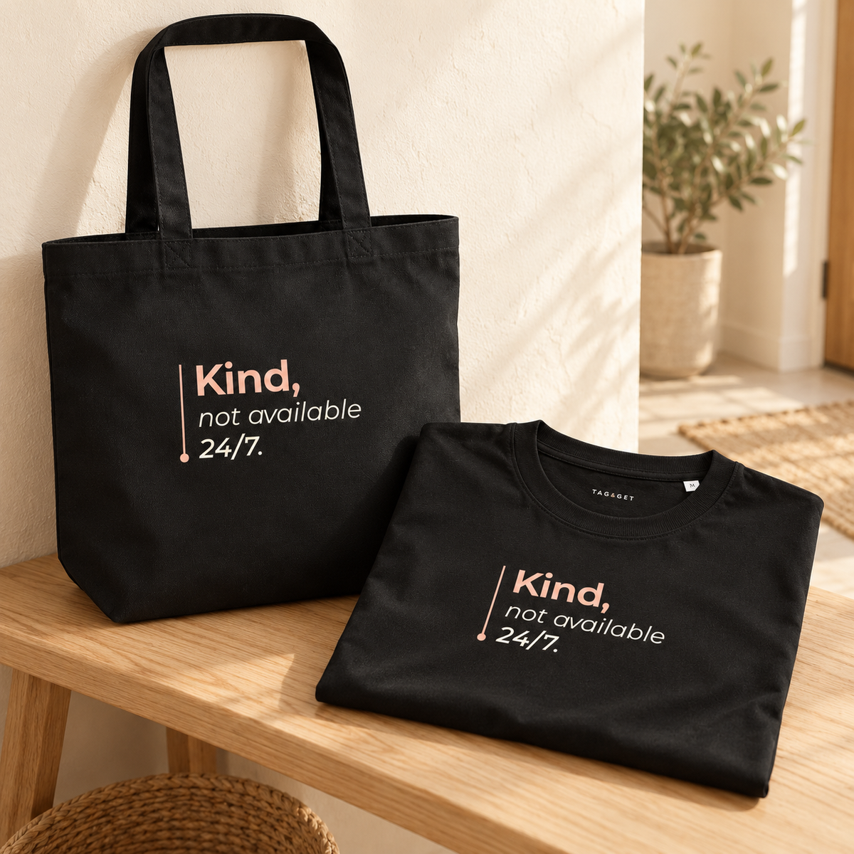 T-shirt e tote bag pretas com a frase “Kind, not available 24/7.” sobre um banco de madeira numa entrada luminosa.