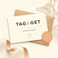 Cartão de oferta com logótipo TAG&GET e linha com ponto no final