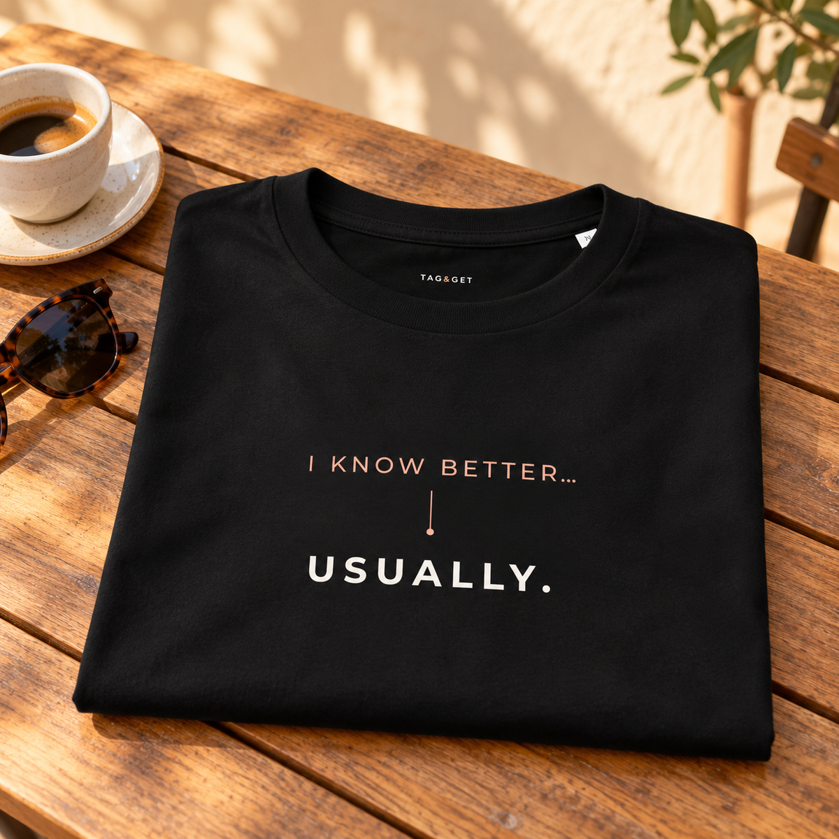 T-shirt preta “I know better... usually.” dobrada sobre uma mesa de madeira, junto a café e óculos numa esplanada.