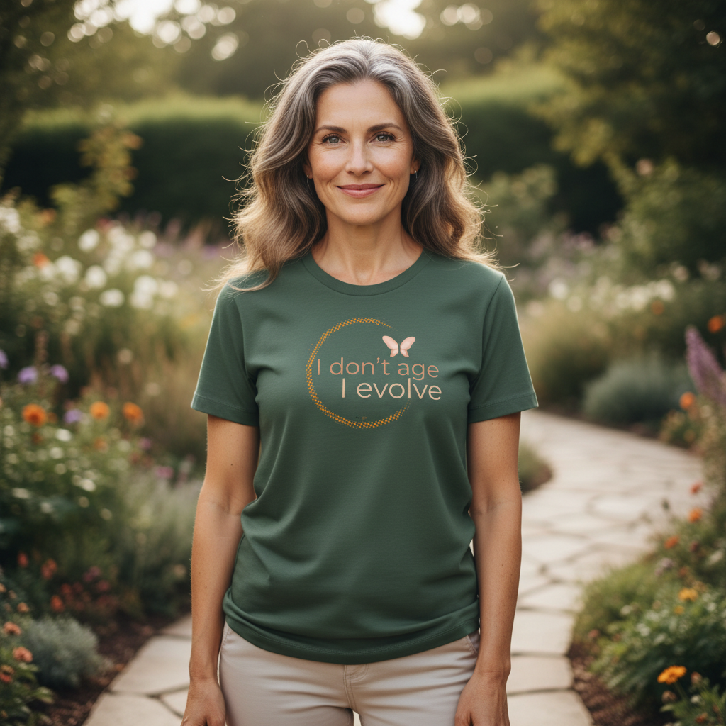 Mulher madura ao ar livre com t-shirt "I don't age, I evolve"