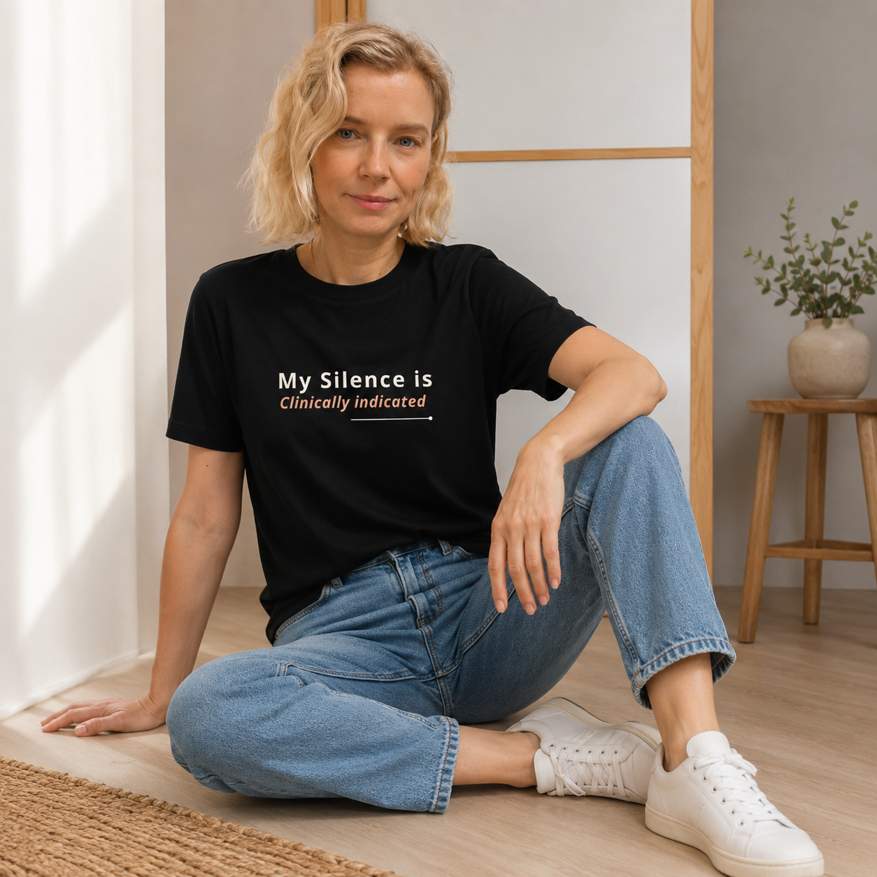 T-shirt feminina de algodão orgânico "My silence is clinically indicated"