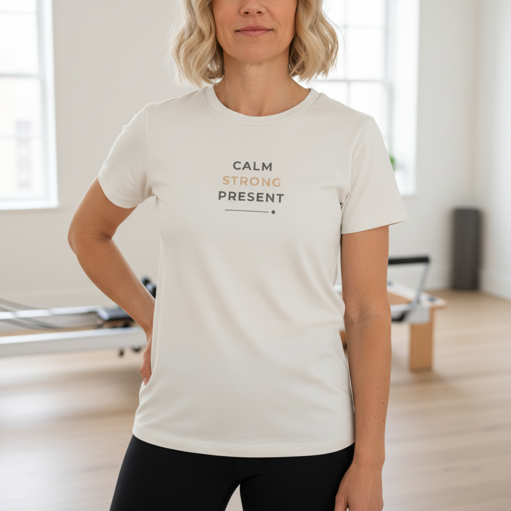 T-shirt branca "Calm. Strong. Present." - pilates - quadrada