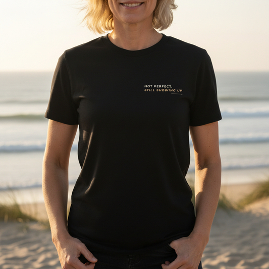 T-shirt "Not perfect" - frente - foco na frase