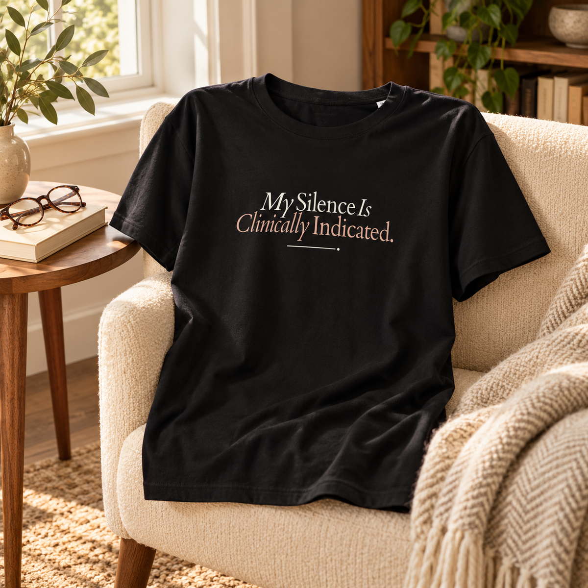 T-shirt preta My Silence Is Clinically Indicated sobre uma poltrona creme junto a um livro e óculos, com estampado visível.
