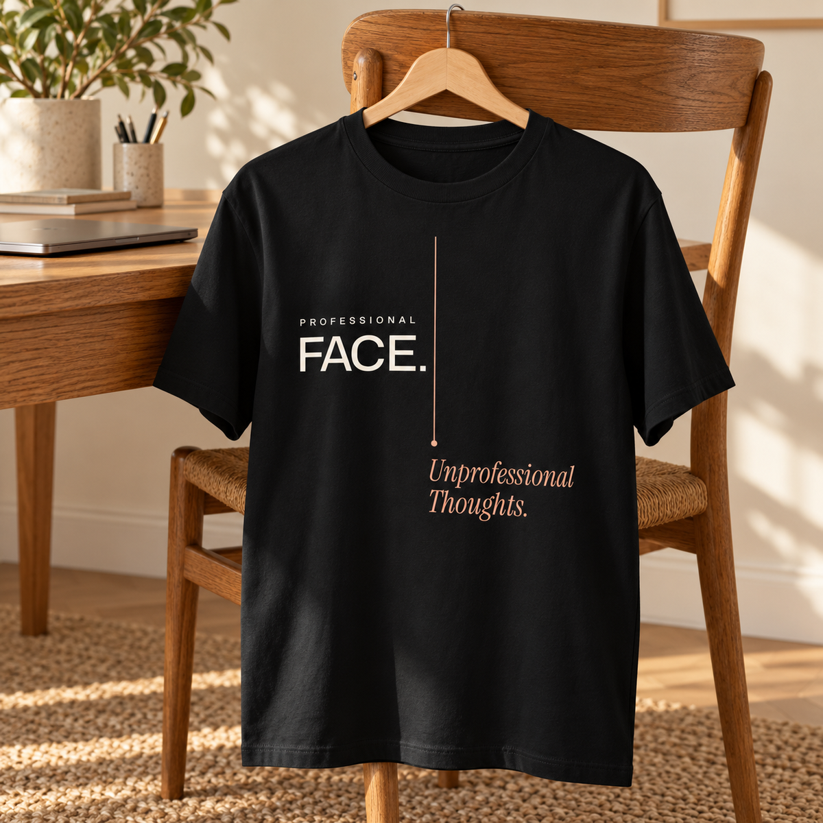 T-shirt preta Professional Face. Unprofessional Thoughts. num cabide numa cadeira de madeira junto à secretária, com estampado visível.