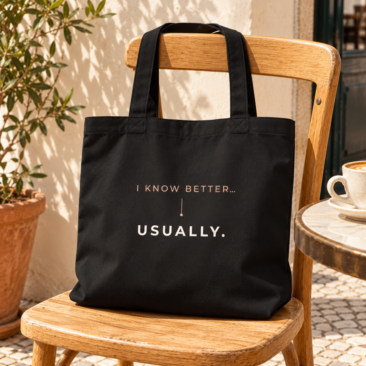 Tote bag preta com a frase “I know better... usually.” numa cadeira de madeira numa esplanada, junto a uma chávena de café.