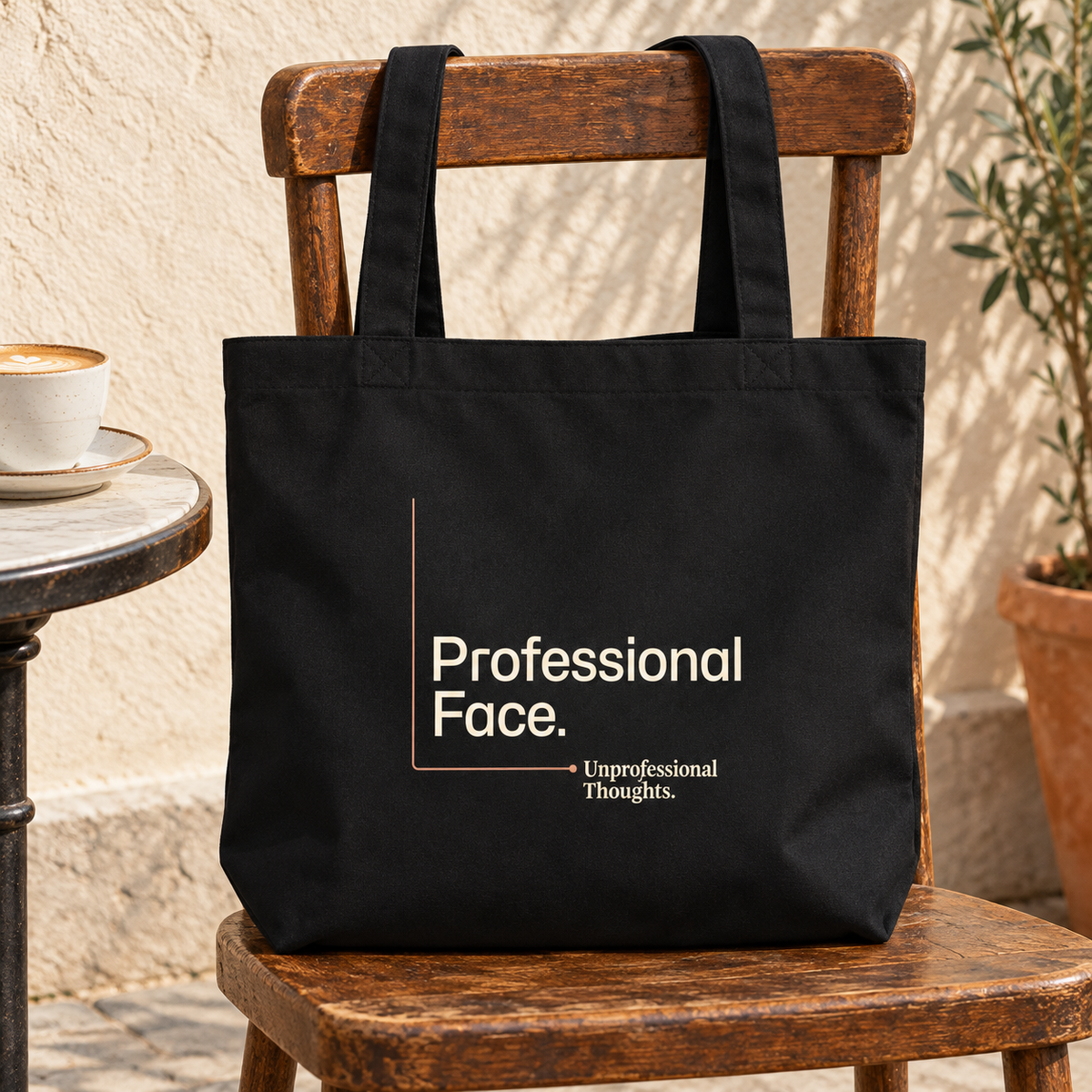 Tote bag preta com a frase “Professional Face. Unprofessional Thoughts.” numa cadeira de madeira numa esplanada, junto a uma chávena de café.