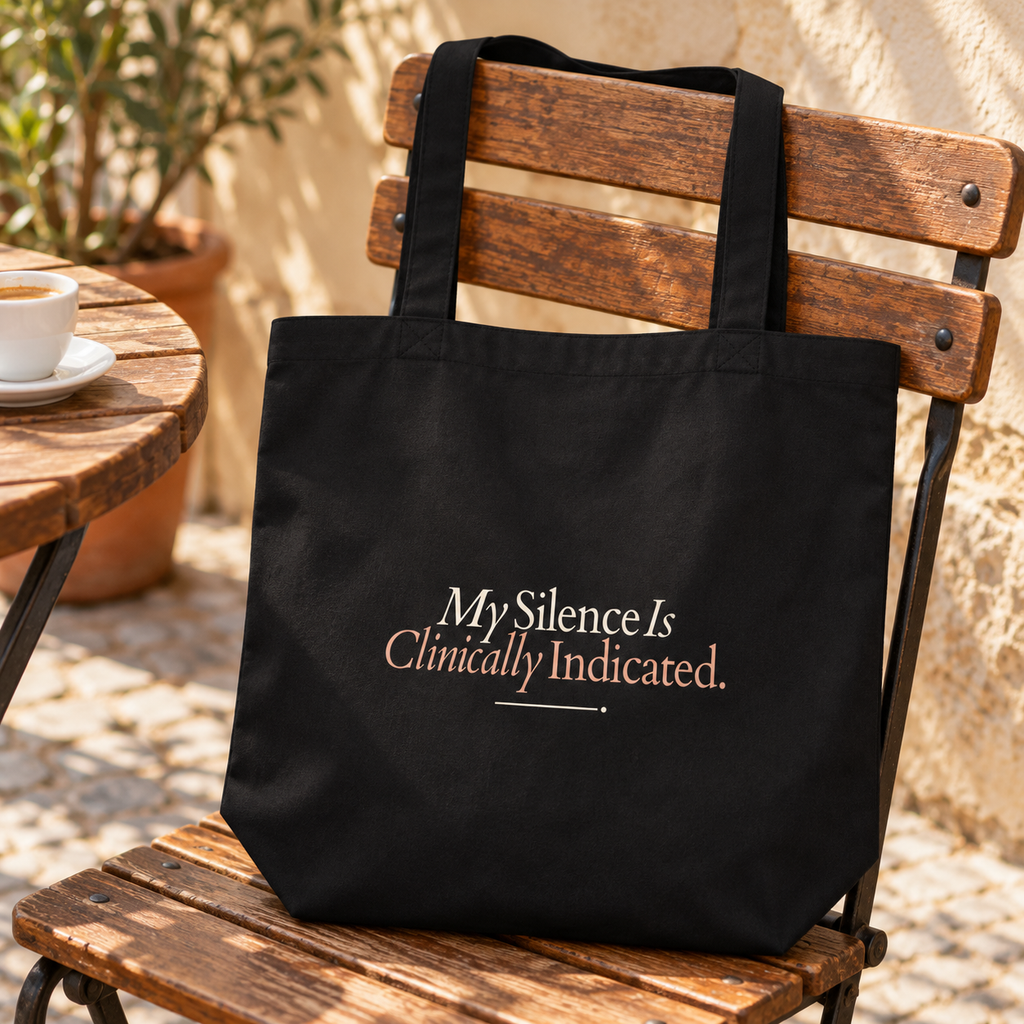 Tote bag preta com a frase “My Silence Is Clinically Indicated.” numa cadeira de madeira numa esplanada, junto a uma chávena de café.