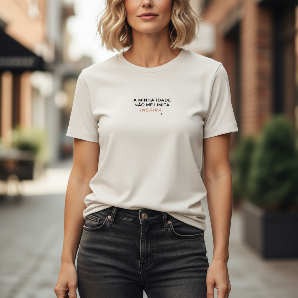 T-shirt Off-White — Lifestyle Casual com frase pequena:a minha idade não me limita inspira branca